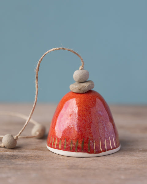 GOLD DASH BELL - WHITE CLAY - RED/ORANGE GLAZE