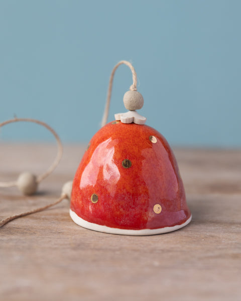GOLD DOT BELL - WHITE CLAY - RED/ORANGE GLAZE