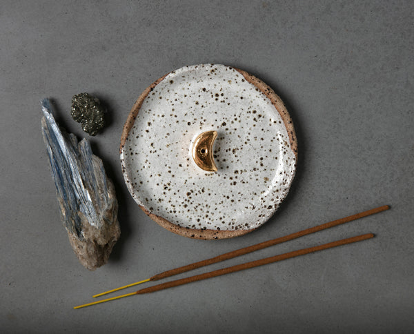 GOLD MOON INCENSE HOLDER - WHITE DRIBBLE GLAZE - SPECKLED CLAY
