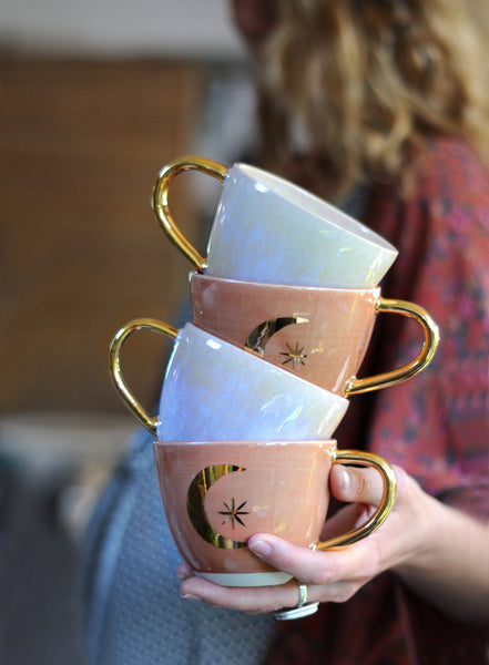 PINK OPAL MUG - WHITE CLAY - GOLD HANDLE - S/M/L