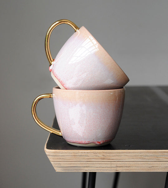 PINK OPAL MUG - WHITE CLAY - GOLD HANDLE - S/M/L