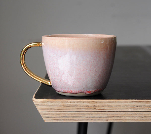 PINK OPAL MUG - WHITE CLAY - GOLD HANDLE - S/M/L
