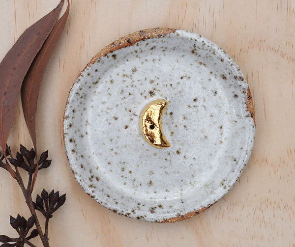 GOLD MOON INCENSE HOLDER - WHITE DRIBBLE GLAZE - SPECKLED CLAY