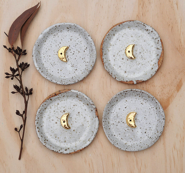 GOLD MOON INCENSE HOLDER - WHITE DRIBBLE GLAZE - SPECKLED CLAY