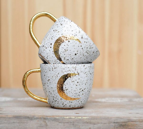 CRESCENT MOON MUG - GOLD HANDLE - SPECKLED CLAY - S/M/L