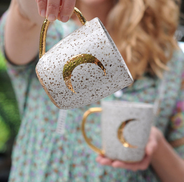 CRESCENT MOON MUG - GOLD HANDLE - SPECKLED CLAY - S/M/L