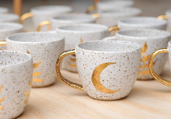 CRESCENT MOON MUG - GOLD HANDLE - SPECKLED CLAY - S/M/L
