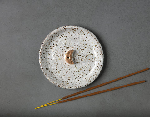 GOLD MOON INCENSE HOLDER - WHITE GLAZE - SPECKLED CLAY