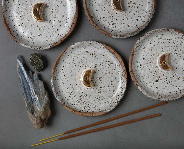 GOLD MOON INCENSE HOLDER - WHITE DRIBBLE GLAZE - SPECKLED CLAY