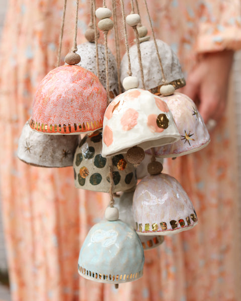 HAND PINCHED CERAMIC BELL - GOLD BAND - SANDY CLAY - WHITE GLAZE
