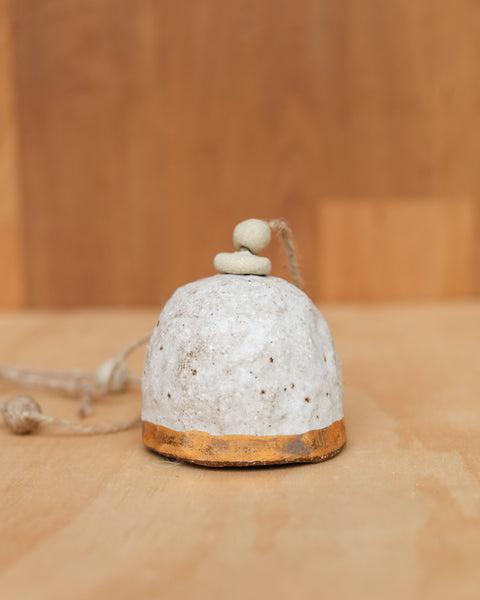 HAND PINCHED CERAMIC BELL - GOLD BAND - SANDY CLAY - WHITE GLAZE