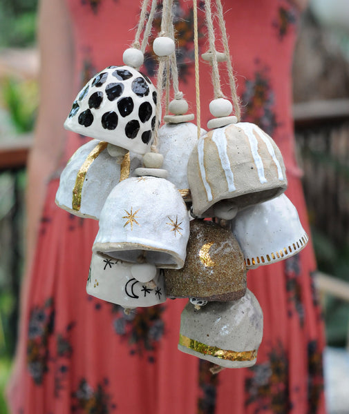 HAND PINCHED CERAMIC BELL - SANDY CLAY - WHITE DRIBBLE GLAZE