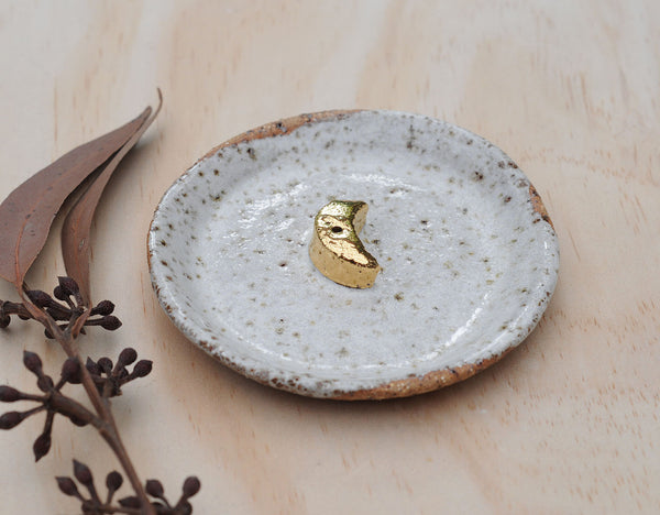GOLD MOON INCENSE HOLDER - WHITE DRIBBLE GLAZE - SPECKLED CLAY