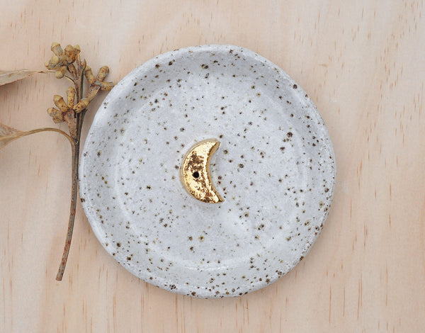 GOLD MOON INCENSE HOLDER - WHITE GLAZE - SPECKLED CLAY