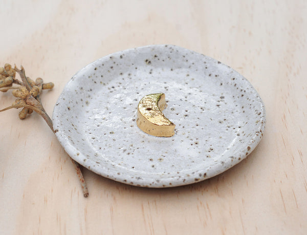 GOLD MOON INCENSE HOLDER - WHITE GLAZE - SPECKLED CLAY